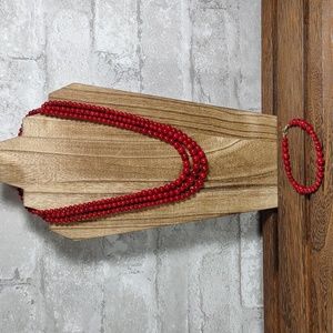 Red Bamboo Coral Triple Strand Bead Necklace and Matching Bracelet